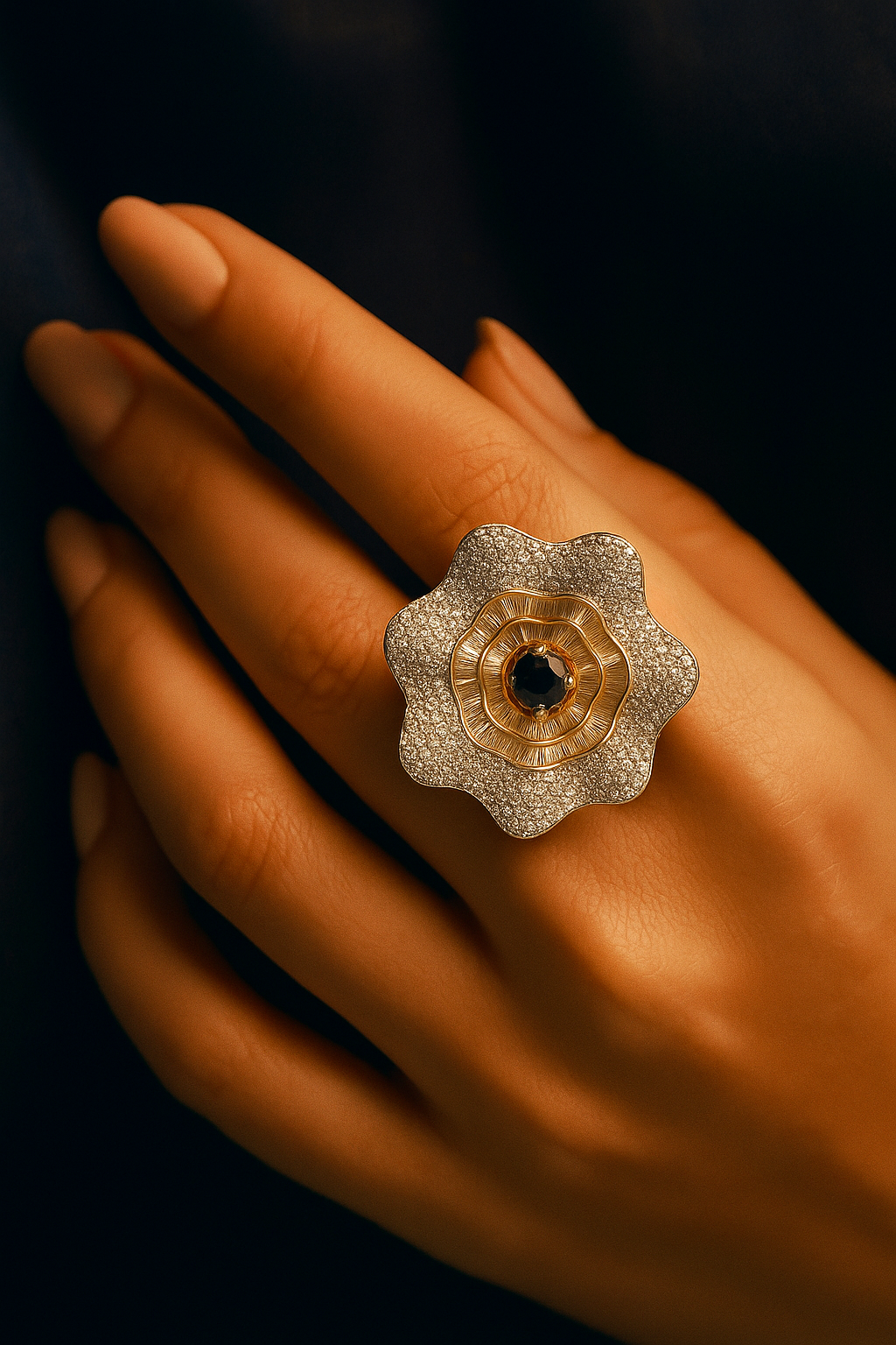 Floral Black Stone Ring with CZ Diamond Pave – Designer Cocktail Jewellery